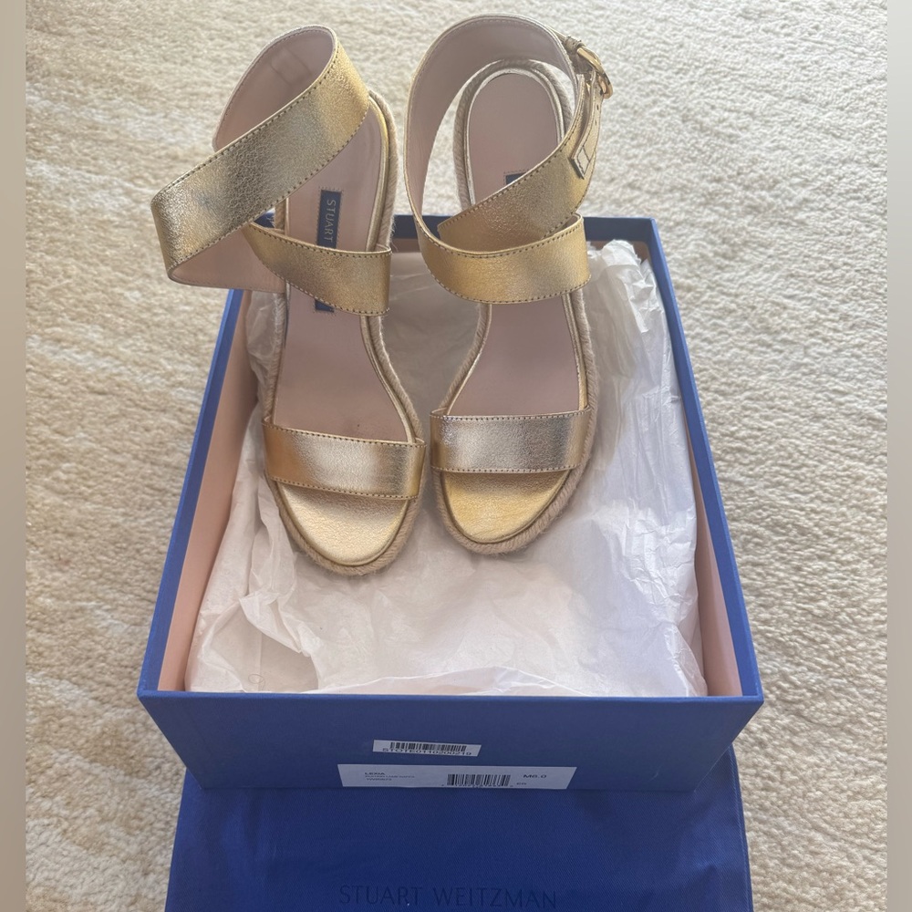 Stuart Weitzman Gold Espadrille Wedges Sz 6